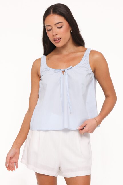 Lawrence Light Blue Tie Front Scoop Neck Blouse